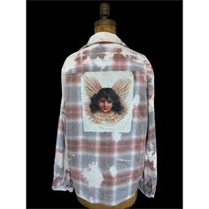 Upcycled Angel Patch Flannel Shirt Boho Folk Art Bleached Large
